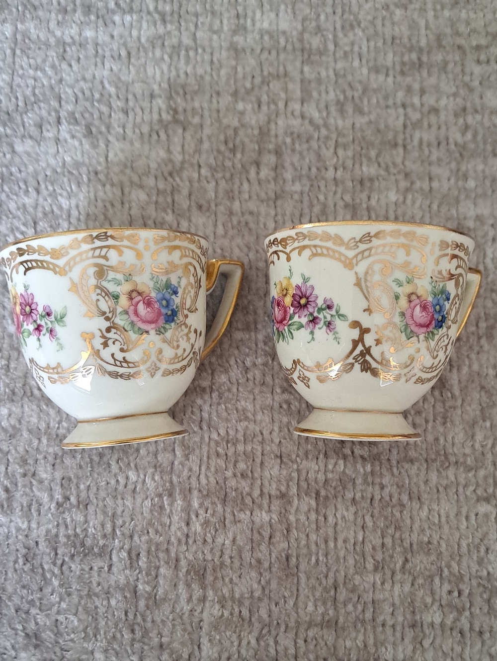 Royal Bayreauth White Porcelain Teacup Pair with Pink Floral and Gold Trim
